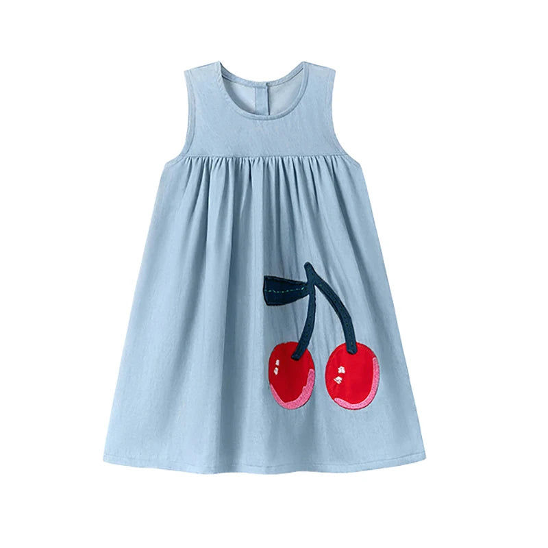 Little maven Little Girls Sleeveless Dresses Summer Children Casual Dresses Cherry Denim Dresses for Kids Clothes Holiday Gifts