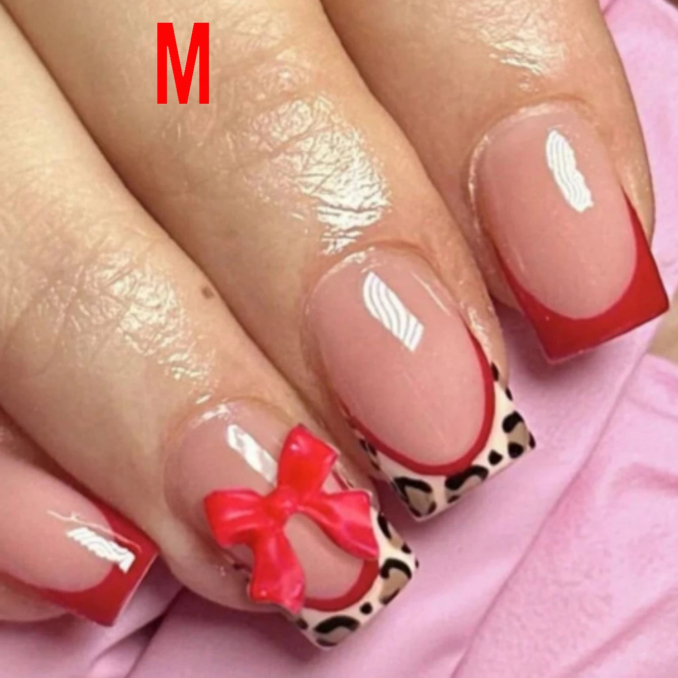 10-Piece Leopard Print Red Bow Press-On Nails – Short Square Glossy Acrylic False Nails