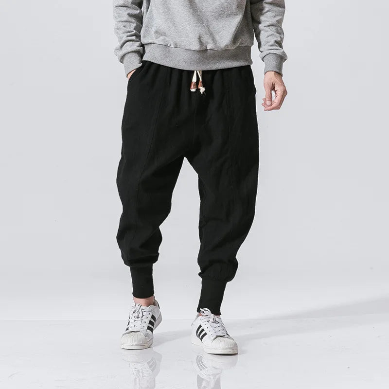 Chinese style Cotton Linen Harem Pants Men Solid Elastic Waist Streetwear Joggers Baggy Drop-crotch Pants Casual Trousers Men