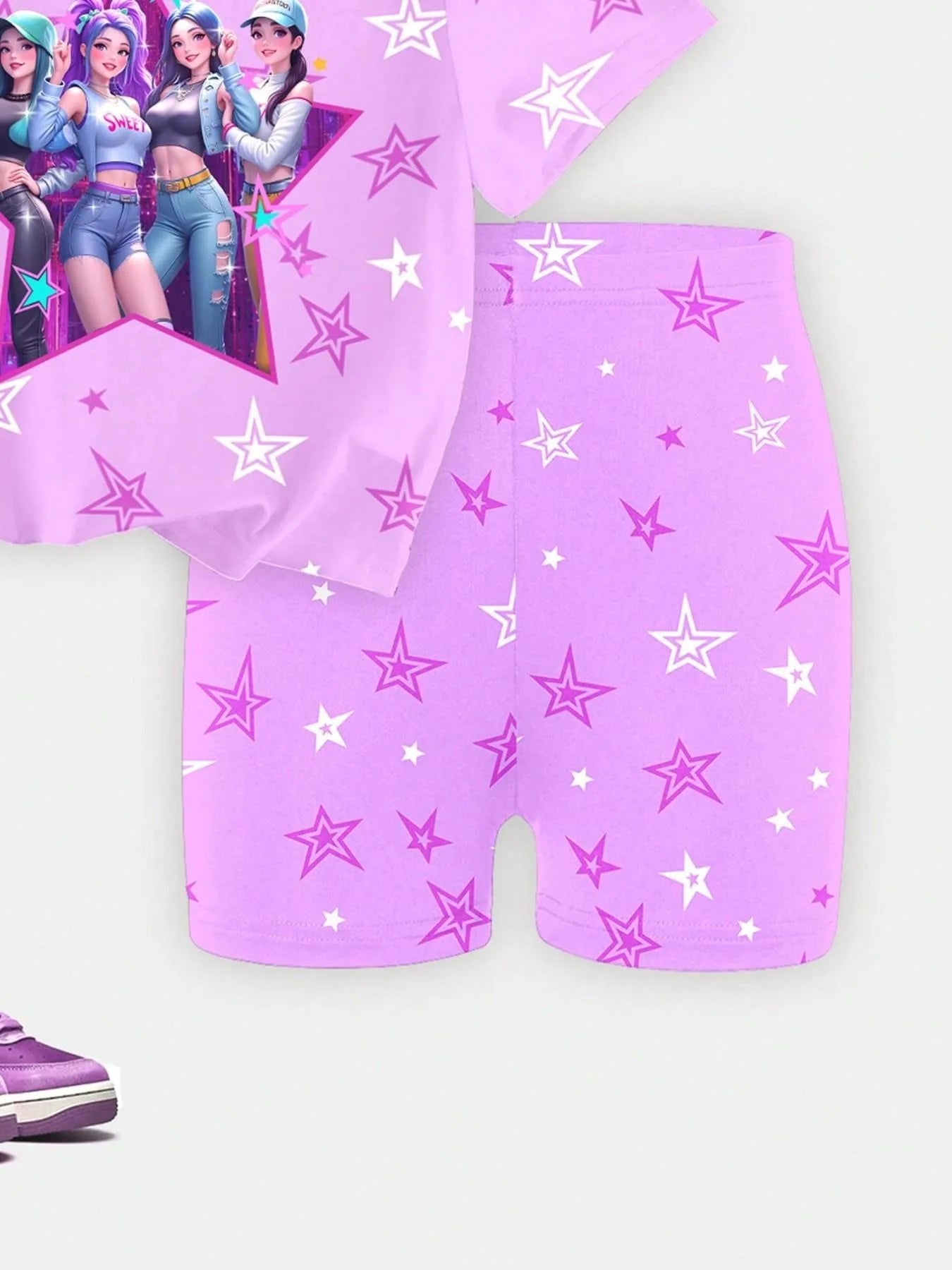 Kids Girls 2-Piece K-POP Star Print Short Sleeve T-Shirt & Biker Shorts Set Casual Streetwear Summer Daily Loungewear Outfit