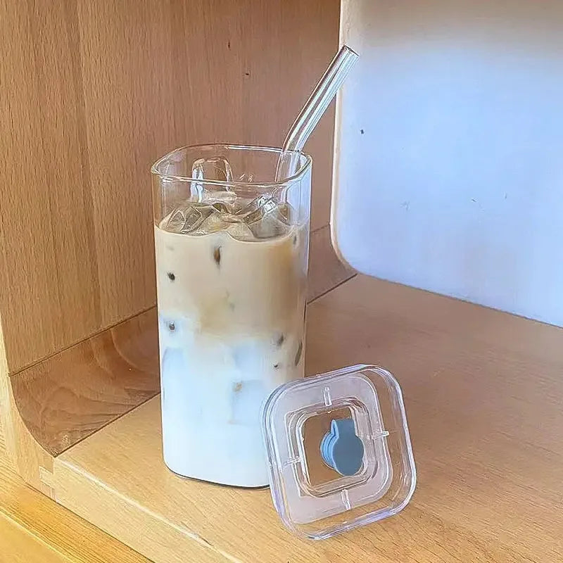 Square Heat-Resistant Glass Coffee Cup with Lid & Straw – 400ml Transparent Mug