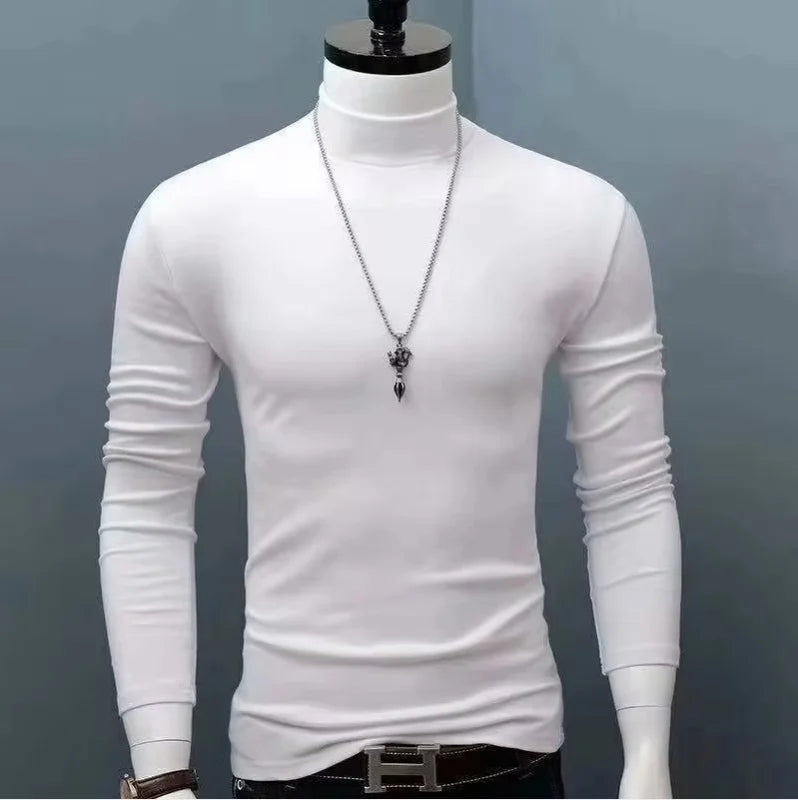Fashion Men's Oversize High Collar Long Sleeves Autumn Winter Pure Thermal Shirt for Men Layering Stylish T-Shirt