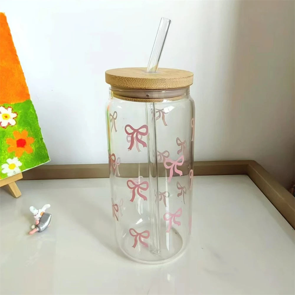 Pink Bow Glass Tumbler with Lid & Straw – 500ml Aesthetic Iced Drink Cup