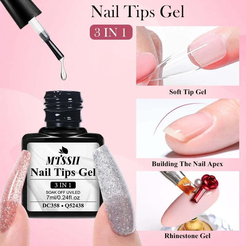 3 IN 1 Soft Nail Tips Gel Transparent Nail Tips Gel For False Nails Extension Strong Adhesive Tip Glue UV LED Soak Off Manicure