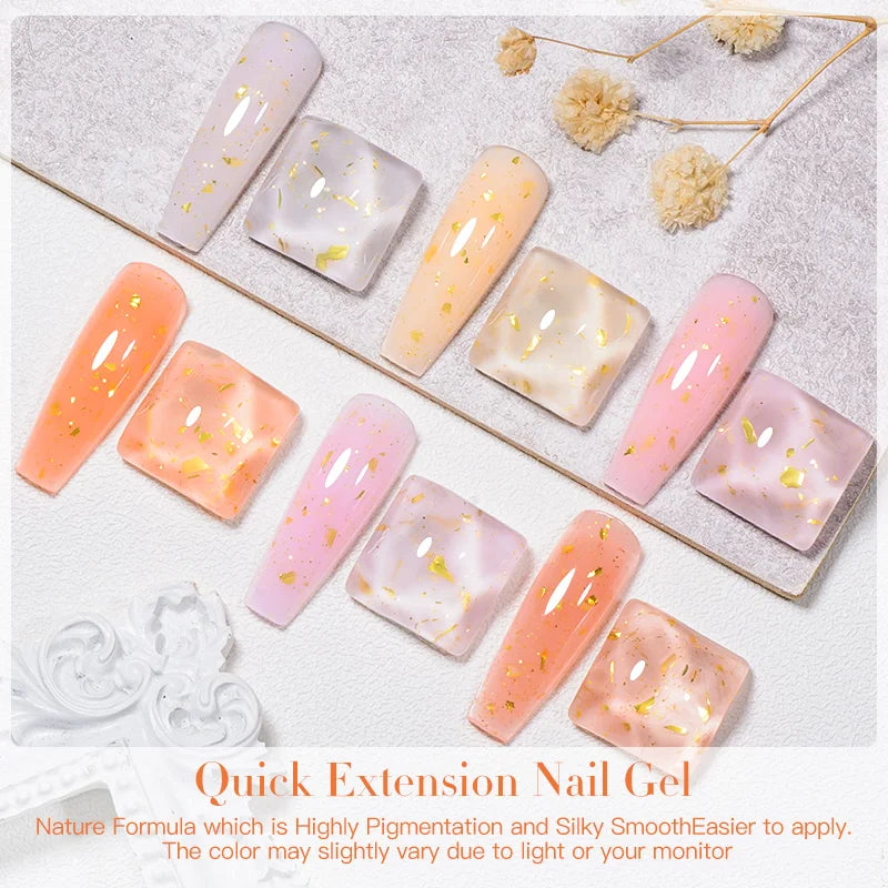 MEET ACROSS 8ml Gold Foils Quick Extension Gel Nail Polish Pink Nude Orange Glitter Finger Prolong Nail Art UV Hard Gel Nails