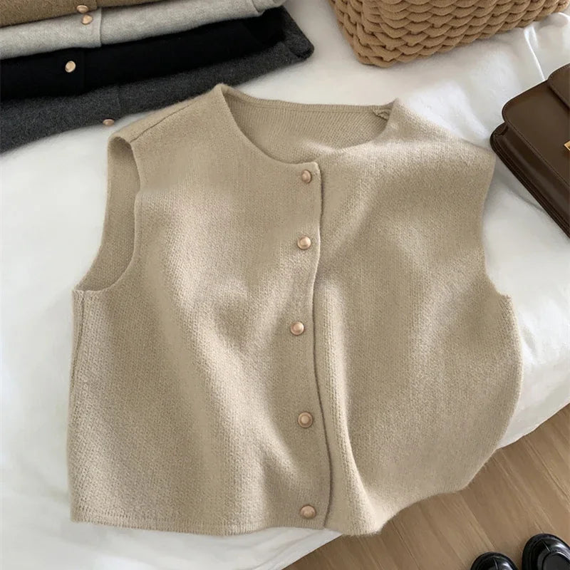 Dames Trui Vest Goudkleurige Knopen Gilet Zacht Gebreid Mouwloos Vest Jasje Top Herfst Winter Koreaanse Dames Chique Outfit