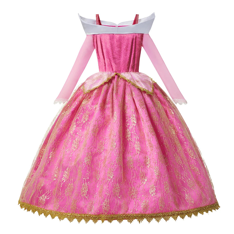 Girls Princess Dress Sleeping Beauty Aurora Cosplay Costume 2025 Kids Carnival Birthday Party Pink  Long Sleeve  Evening Dresses