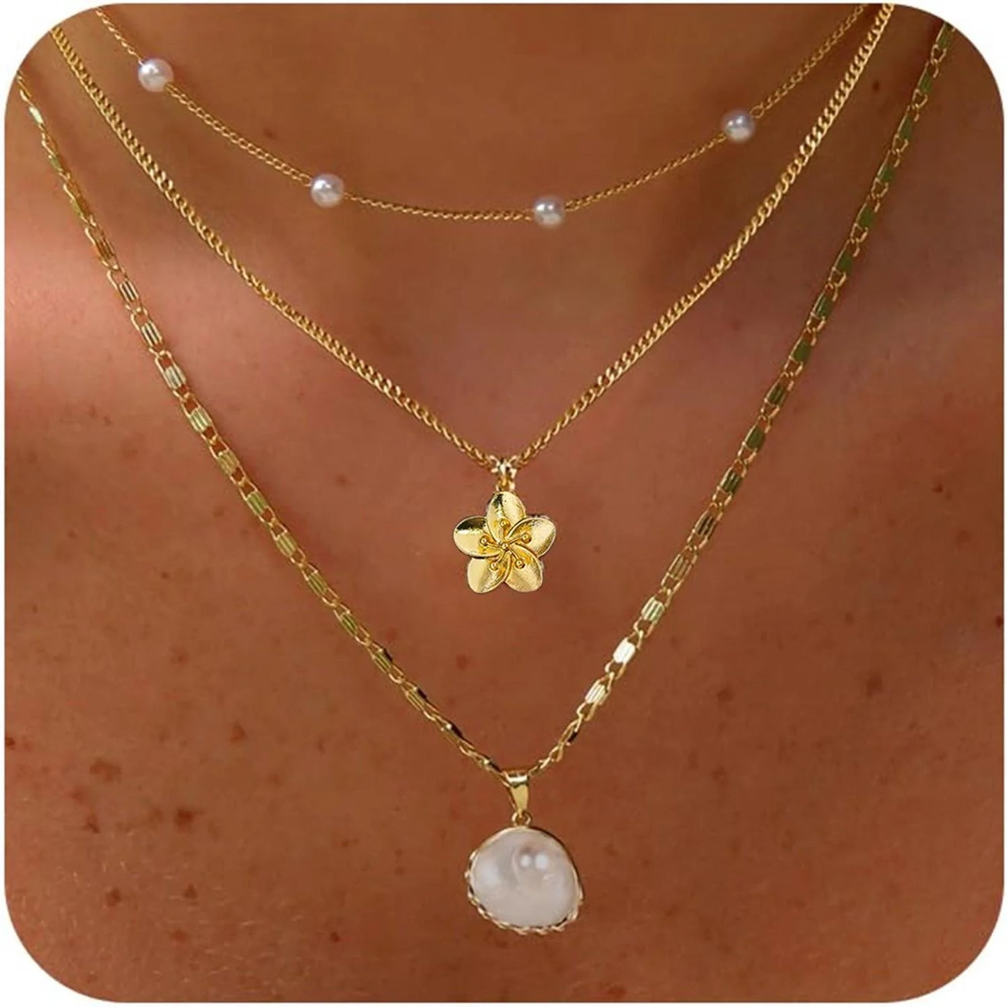 3-Piece Seashell Flower & Pearl Necklace Set – Summer Beach Jewellery Gift