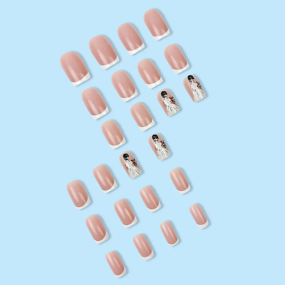 24pcs/set short square fake nails for women cute bride heart white french tips faux ongles y2k press on false nail supplies