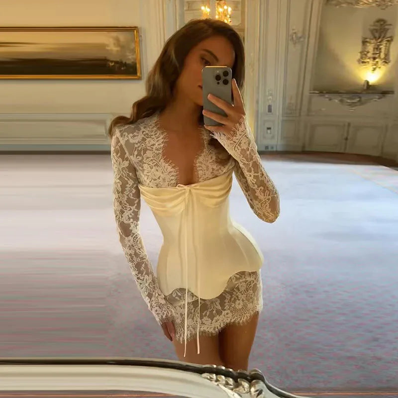 Lace Sheer Sweetheart Neck Maxi Dress Long Sleeve Corset Waist Mermaid Hem Bridal Gown 2026 Summer Elegant Form-Fitting Dresses