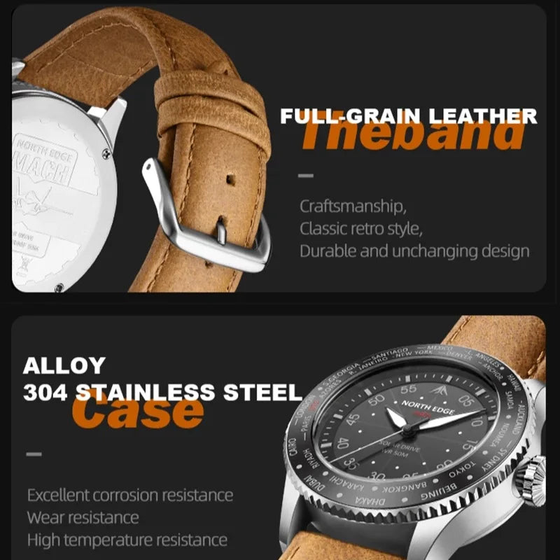 NORTH EDGE MACH Solar Power Quartz watch Men Waterproof 50M Men's Pilot Sports Wristwatches Luminous Enviormentally Clock