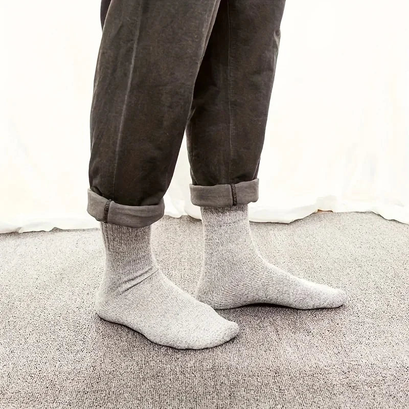 3 Pairs Men's Winter Warm Socks, Thick Towel Mid-Calf Socks, Anti-Cold Snow Boots Socks Elastic Solid Color
