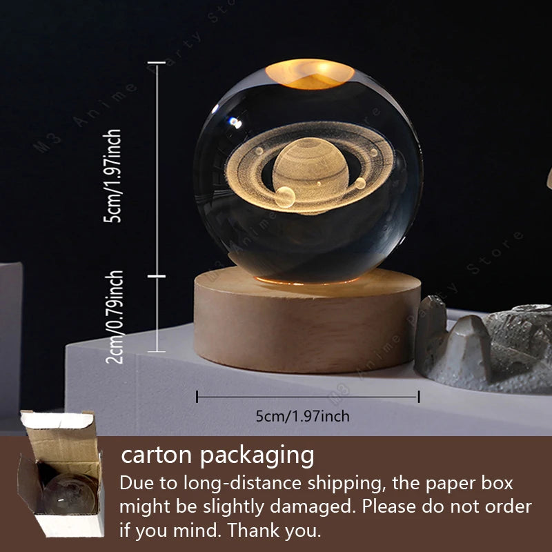 3D Crystal Ball Galaxy Night Light – Saturn & Moon Planet LED Bedside Lamp Gift