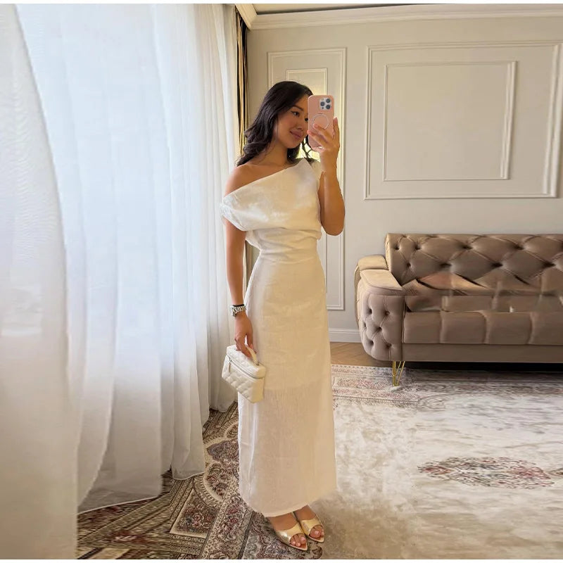 Elegant One Shoulder Solid Dress Women's Waist-cinching Side Split Ankle-length Dresses 2026 Summer New Lady Casual Cozy Robes