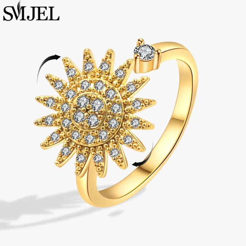 Bohemia Fidget Spinner Ring Anxiety for Women Multiple Crystal Flower Adjustable Open Rings Rotate Anti Stress Wedding Jewelry