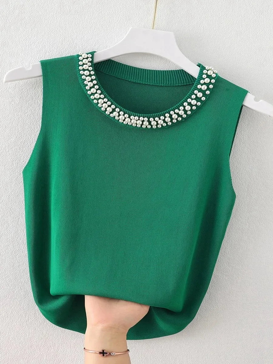 Korean Knitted Beaded Sleeveless Vest Top – Women's Casual Summer Fashion