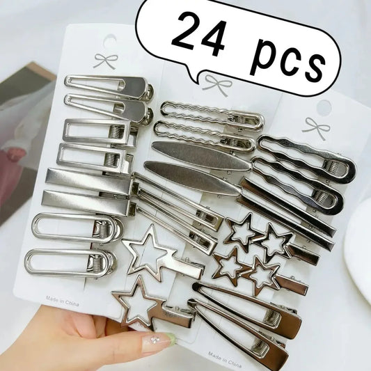 24-Piece Y2K Silver Star Hair Clips Set – Seamless Duckbill Hairpins