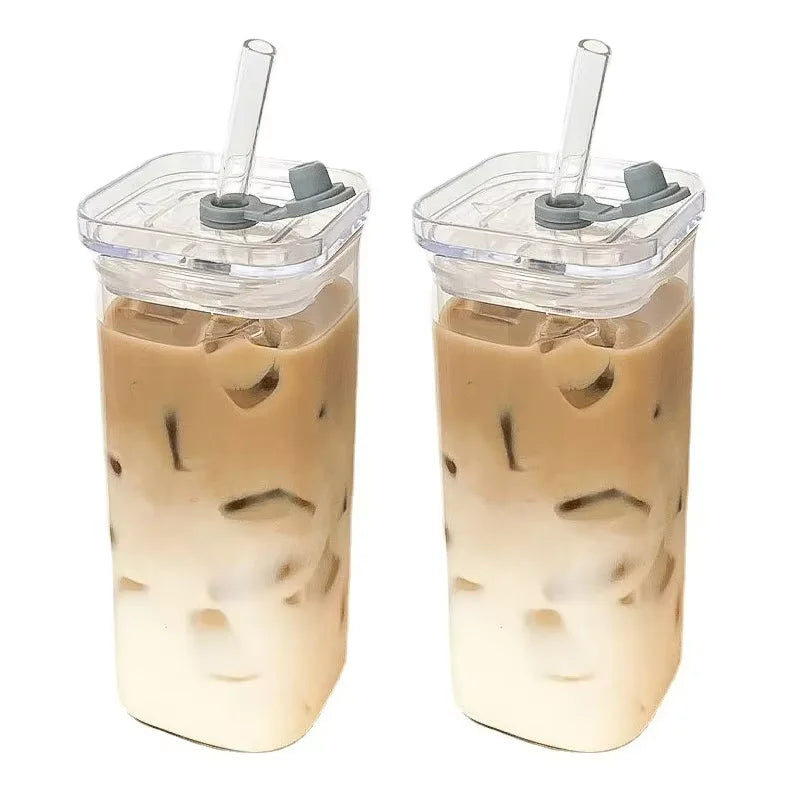 Square Heat-Resistant Glass Coffee Cup with Lid & Straw – 400ml Transparent Mug