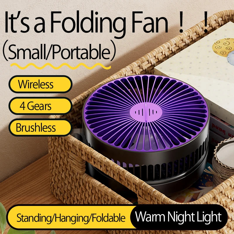 Rechargeable 3-in-1 Portable Fan with Night Light — Wall Mount, 90° Fold, 4 Speeds