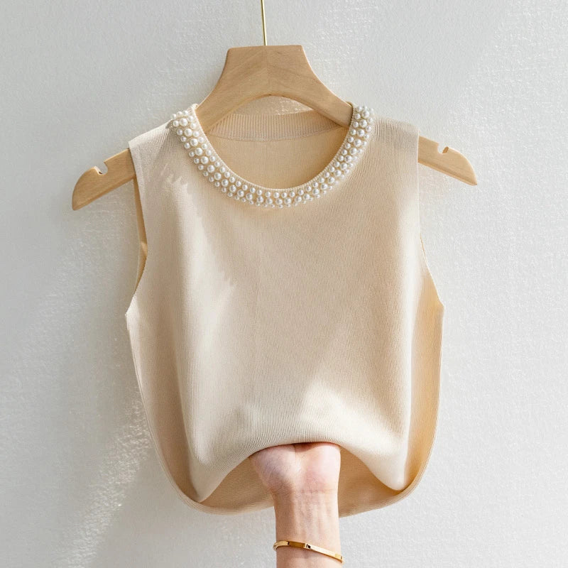 Korean Knitted Beaded Sleeveless Vest Top – Women's Casual Summer Fashion