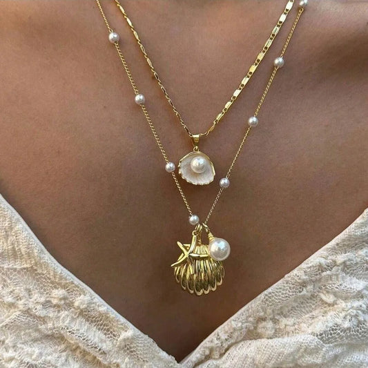 2-Piece Boho Gold Shell & Starfish Layered Necklace Set – Pearl Chain Women's Jewellery