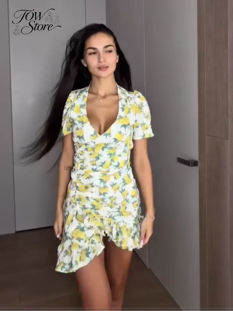 Elegant Print Low-cut Ruffle Short Dress Women V-neck Short-sleeved Waist Cinching Pleated Mini Dresses Casual Party Vestidos
