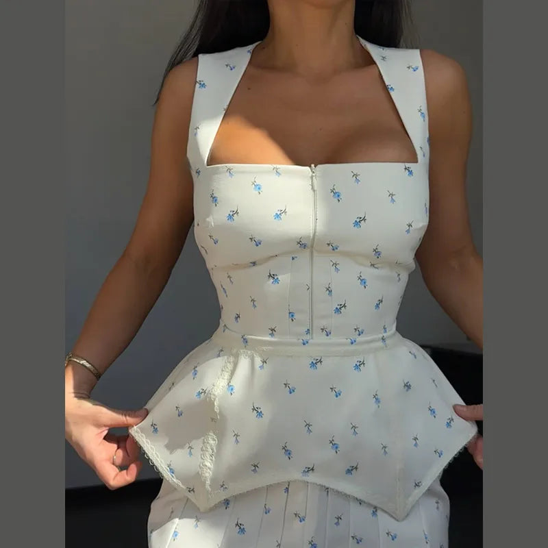 Elegant Printed Women's Dress Sleeveless Square Collar Waist-Closed Lady Mini Dresses With Waist Tape 2026 Summer Female Robe