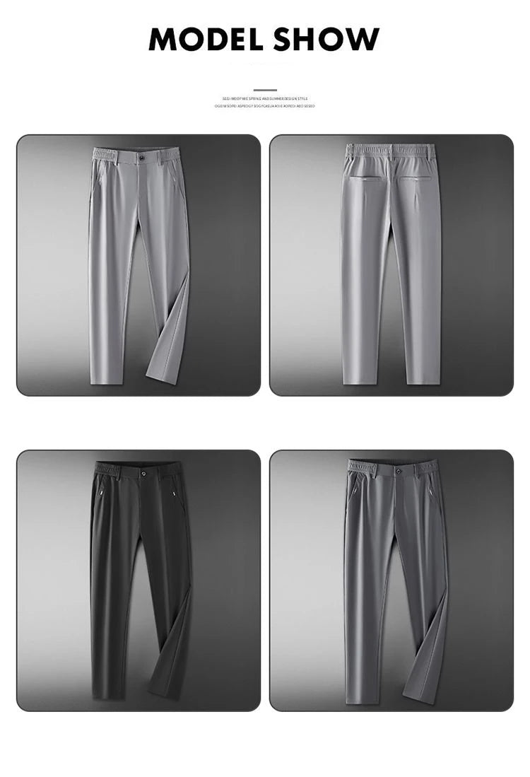 Ultra-thin Elastic Men's Casual Trousers Summer Quick-drying Ice Silk Slim Straight Business Solid Color Trousers Black Gray