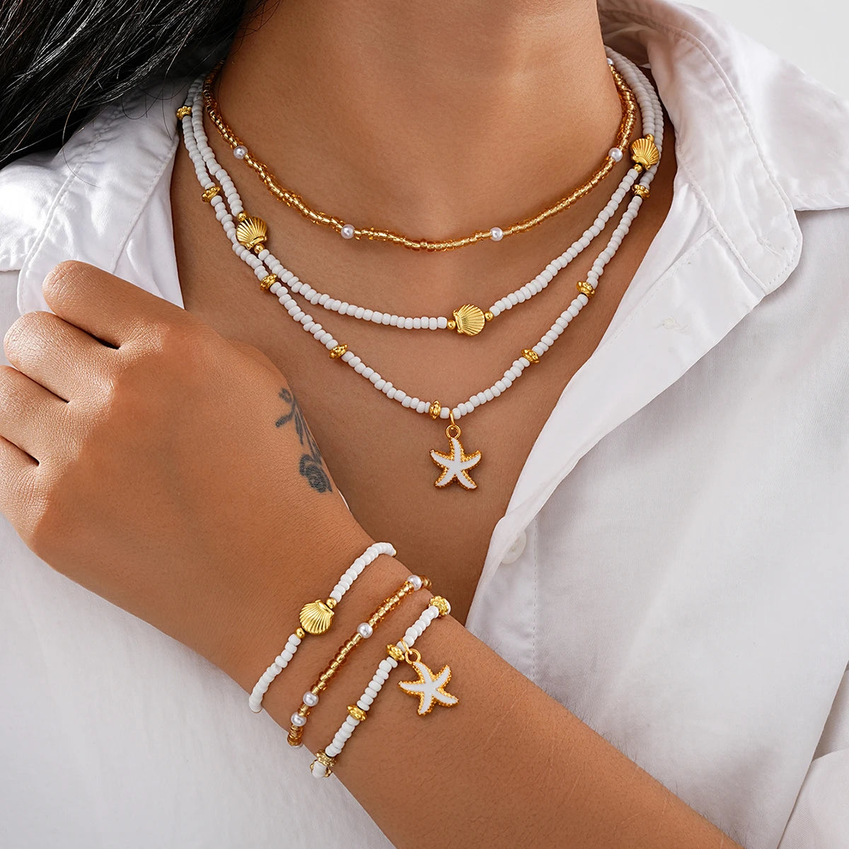 6-Piece Shell & Starfish Beaded Jewellery Set – Necklace & Bracelet Holiday Accessories