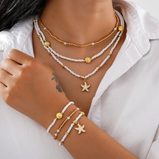 6-Piece Shell & Starfish Beaded Jewellery Set – Necklace & Bracelet Holiday Accessories