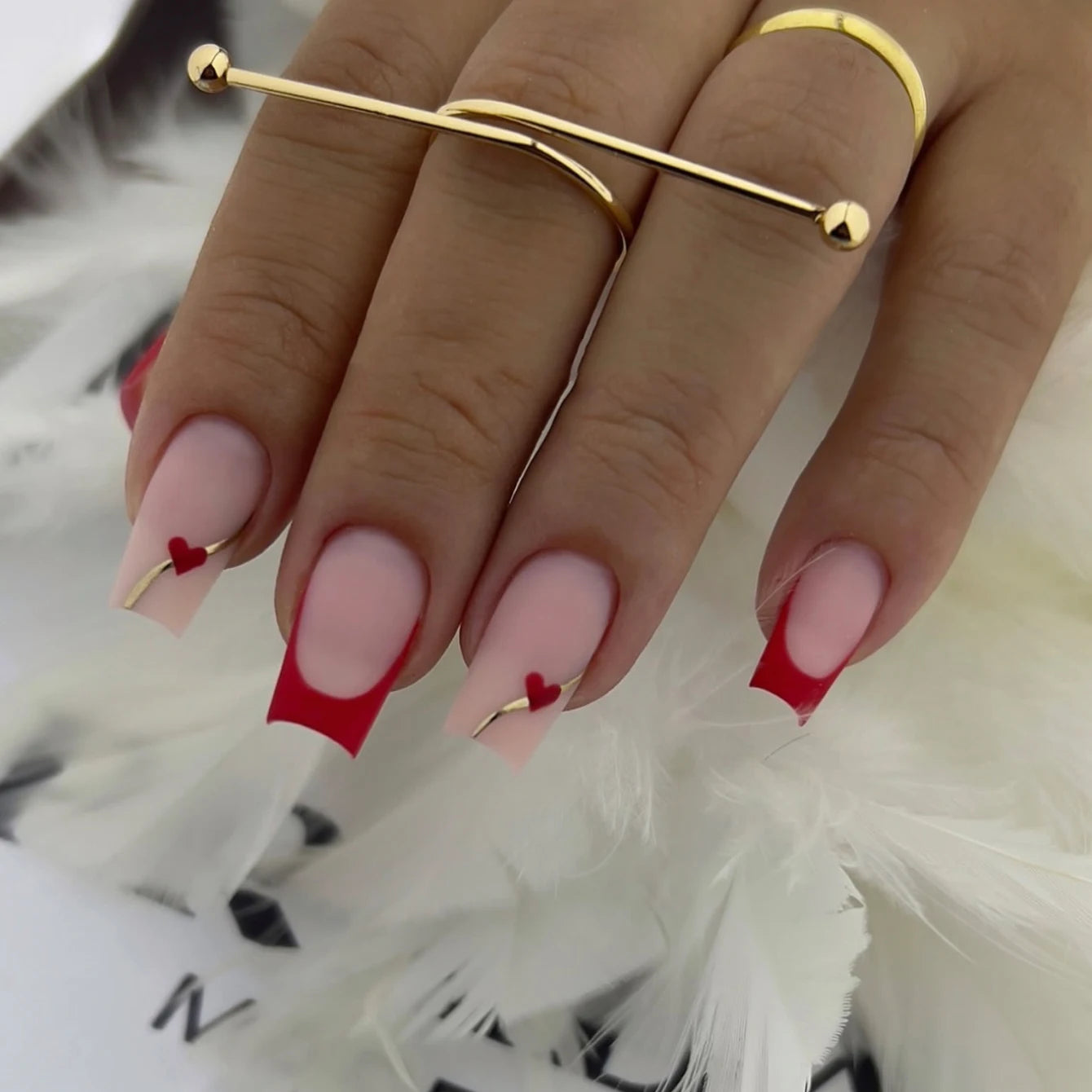 24 PCs Short Square French Heart Simple Nails with 1 Jelly Glue and 1 Nail File