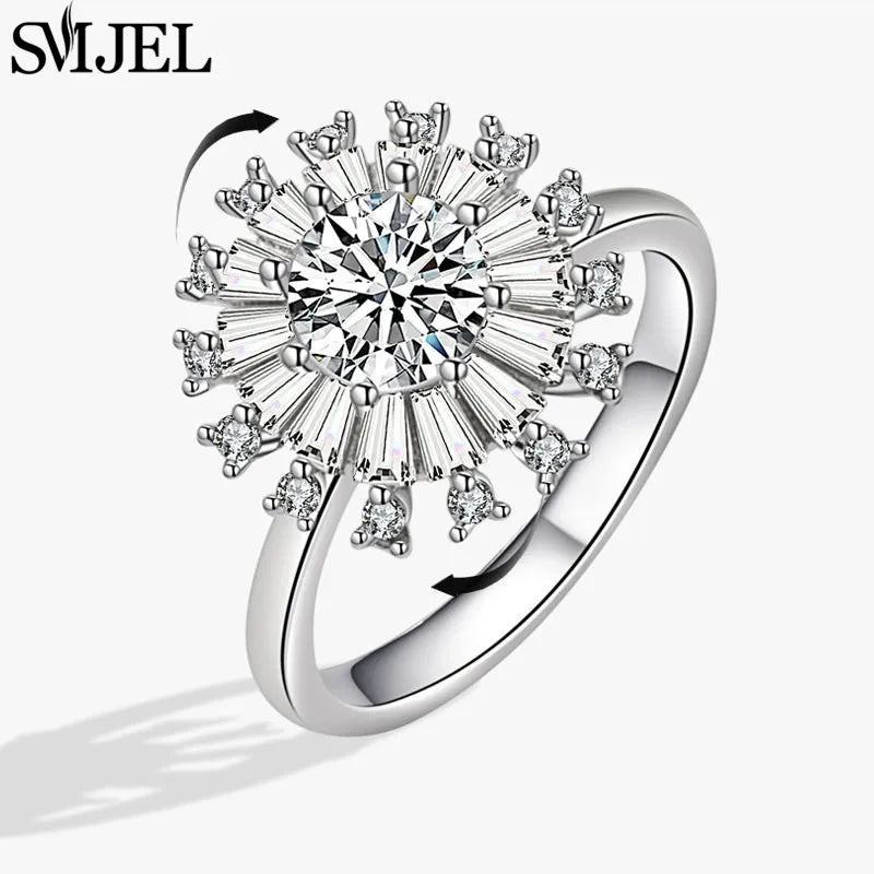 Bohemia Fidget Spinner Ring Anxiety for Women Multiple Crystal Flower Adjustable Open Rings Rotate Anti Stress Wedding Jewelry