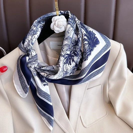 70cm Plant-Printed Silk-Feel Square Scarf – Elegant Versatile Headwear & Bag Accessory