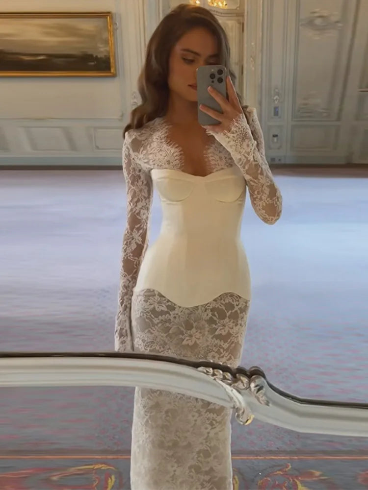 Lace Sheer Sweetheart Neck Maxi Dress Long Sleeve Corset Waist Mermaid Hem Bridal Gown 2026 Summer Elegant Form-Fitting Dresses