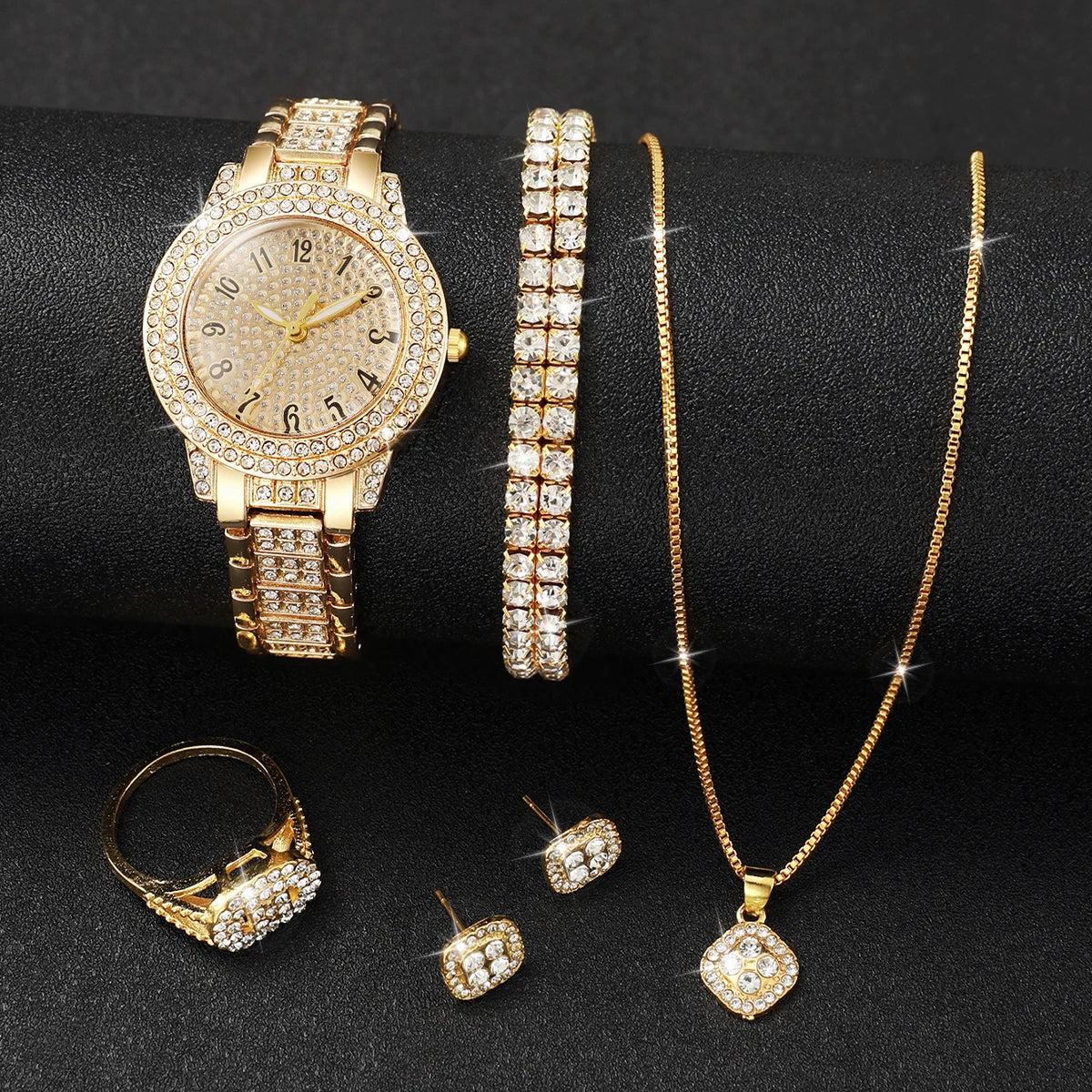 6-Piece Diamond Women's Watch & Jewelry Set – Gold Steel Quartz Gift Set