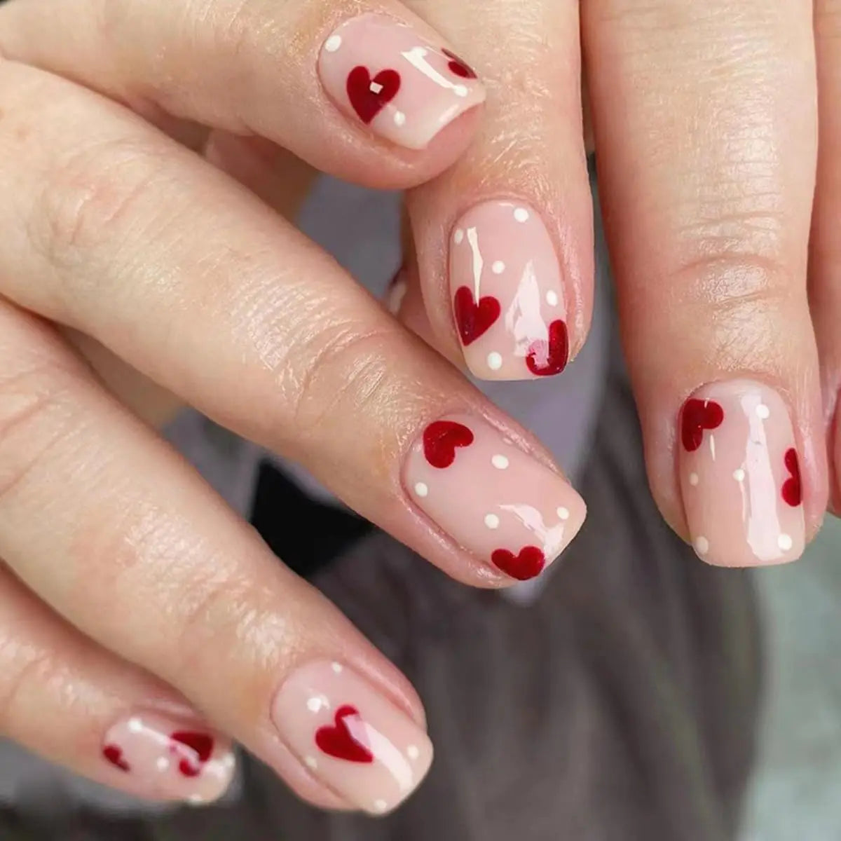 24 PCs Short Square French Heart Simple Nails with 1 Jelly Glue and 1 Nail File