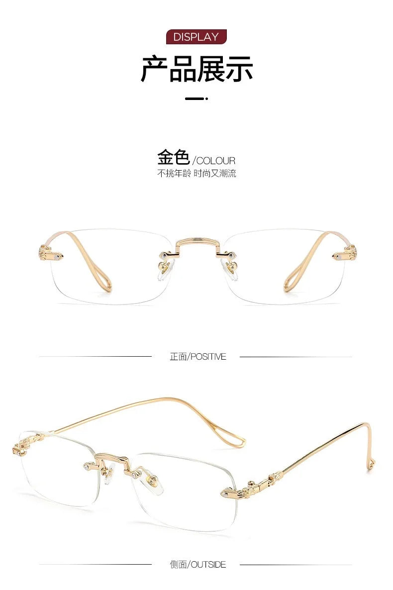 Square Rimless Eyeglasses Women Men Blue Light Blocking Glasses Designer Retro Shade Eyewear UV400 Silver Computer Glasses