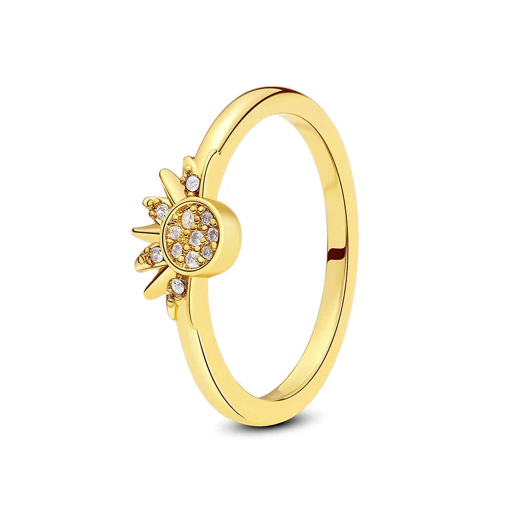 Original 925 Sterling Silver Rings Sun Moon Star Pave CZ Gold Color Stackable Ring For Women Engagement Gift Jewelry