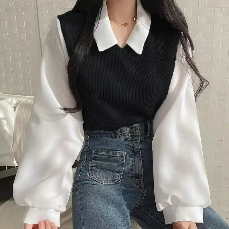Women's Korean Style Polo Collar Blouse – Y2K False Two-Piece Loose Streetwear Top