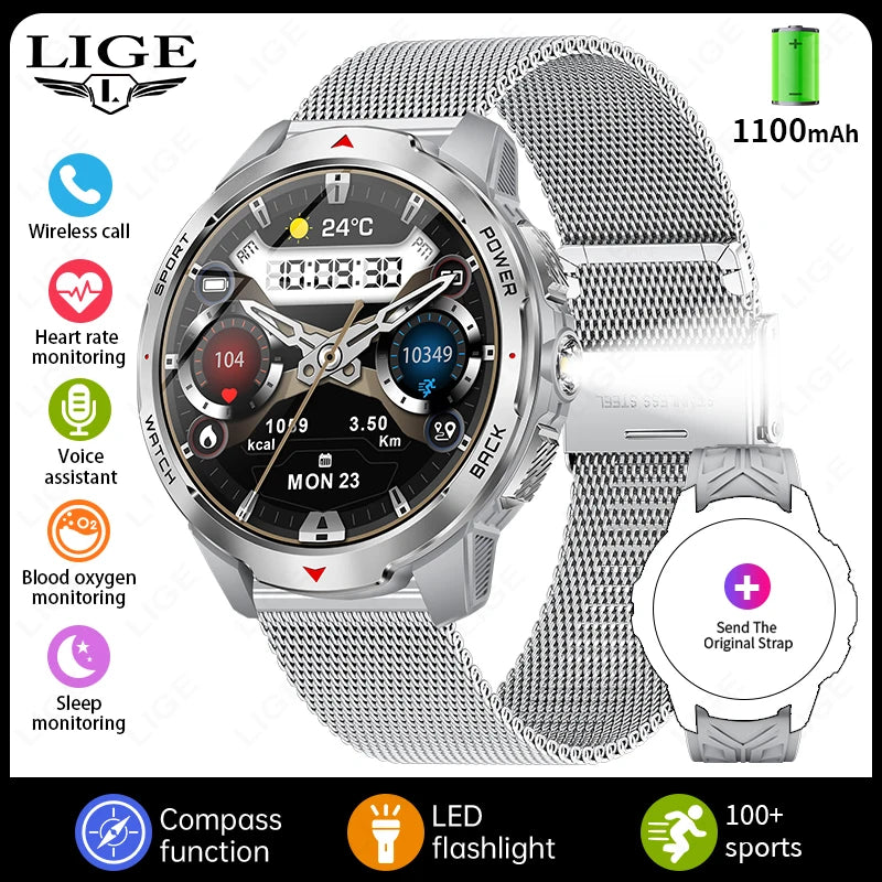 LIGE 1100mAh Battery Smart Watches For Man Outdoor Sport LED Flashlight Compass Men’s Smartwatch Bluetooth Call Men 2026 Watches