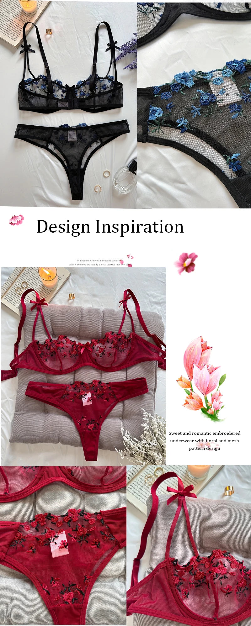 Women's Floral Embroidery Lace Lingerie Set – Sexy 2-Piece Underwear Bra & Briefs