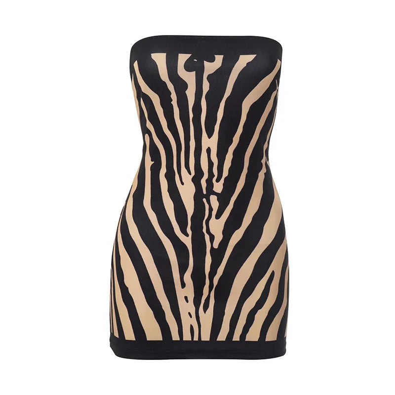 Zebra Striped Strapless Backless Women Mini A Line Dress Outfits Autumn Winter Off Shoulder Sleeveless Bodycon Dresses Vestido