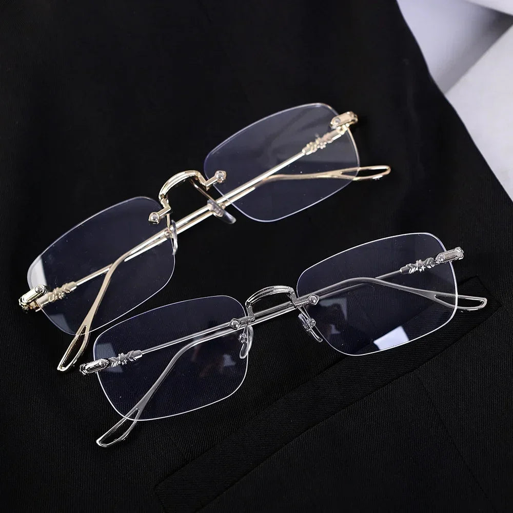 Square Rimless Eyeglasses Women Men Blue Light Blocking Glasses Designer Retro Shade Eyewear UV400 Silver Computer Glasses