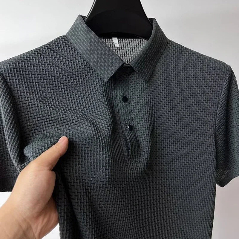 Men's Bone Flower Solid Color Polo Shirt Business Casual Short Sleeve Summer Breathable Versatile Top