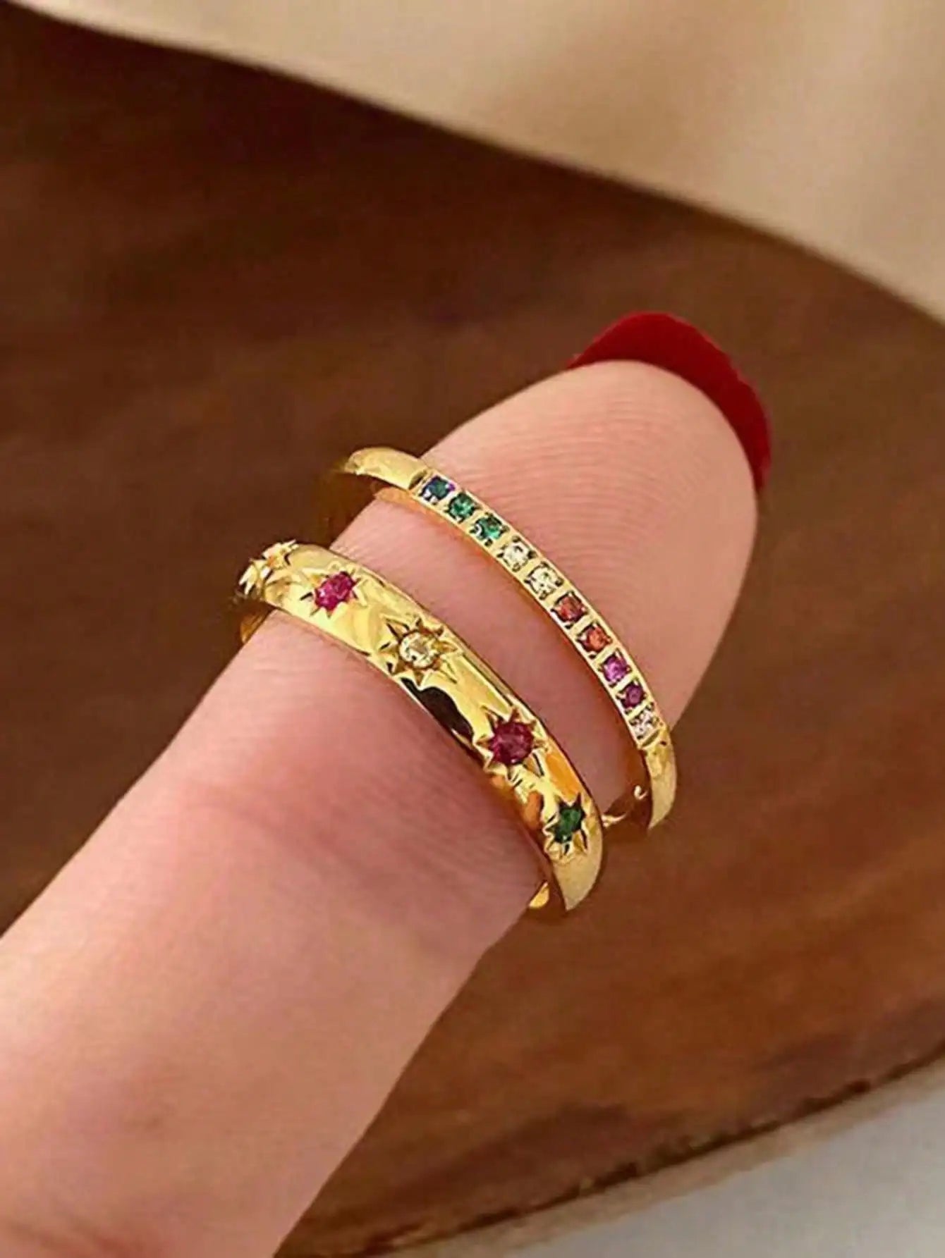 2pcs/Set Colorful Cubic Zirconia Gold-Tone Waterproof Star Rings Set, Jewelry Gift  double rings for friend  jewelry Y2k fashion