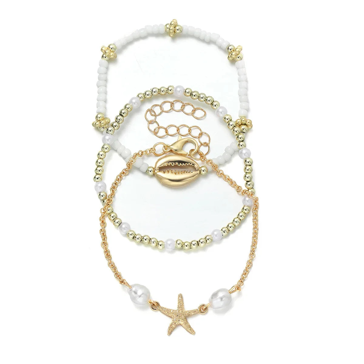 3-Piece Summer Shell Bracelet Set – Starfish Charm & Pearl Seed Bead Bracelets
