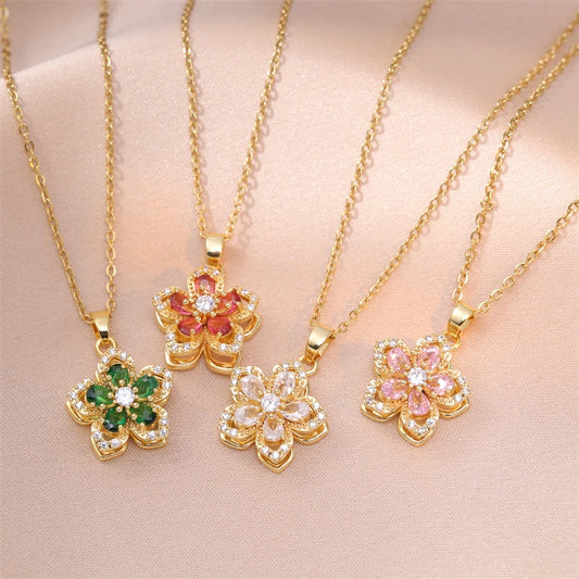 Shiny Zircon Rotating Flower Pendant Choker – Gold Plated Luxury Necklace