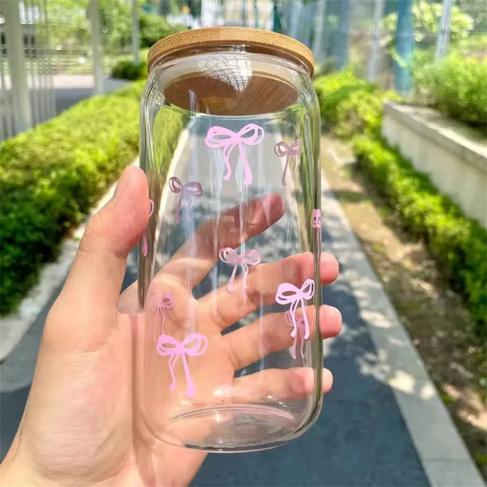 Pink Bow Glass Tumbler with Lid & Straw – 500ml Aesthetic Iced Drink Cup