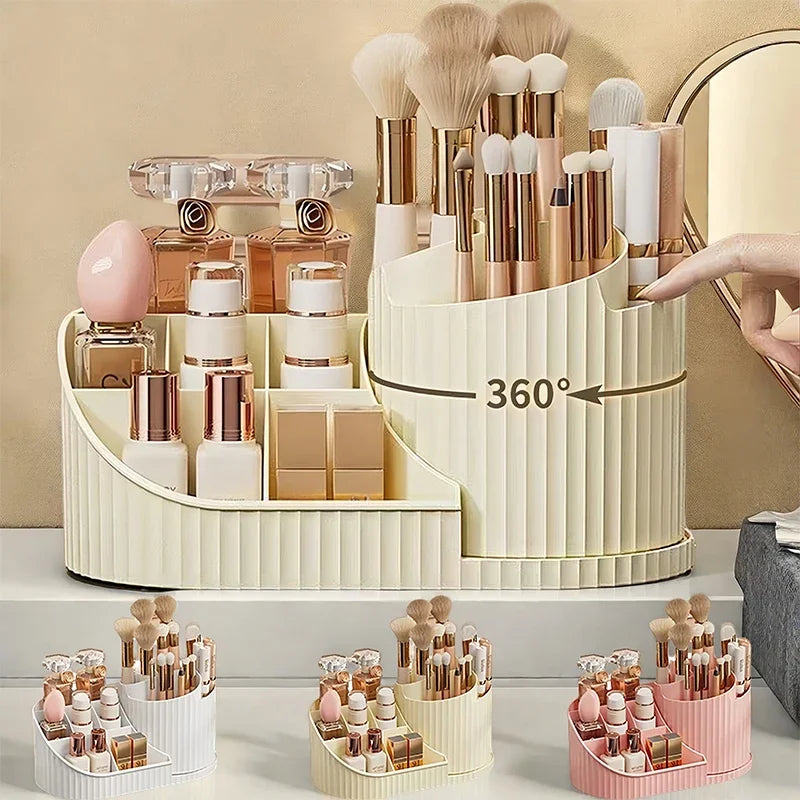 360° Rotating Vanity Makeup Organiser with Brush Holder – Skincare Storage