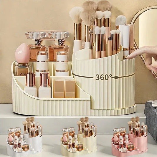 360° Rotating Vanity Makeup Organiser with Brush Holder – Skincare Storage